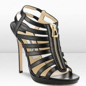 Jimmy Choo Glenys Leather Gladiator Heel Stiletto Sandals Zipper Black Italy